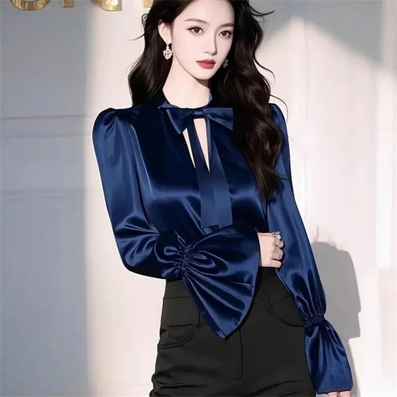 Luxury Satin Shirt Women Spring Summer New Coat Unique Beautiful Waist Jacket French Blouse Chic Outerwear Female Overcoat Tops