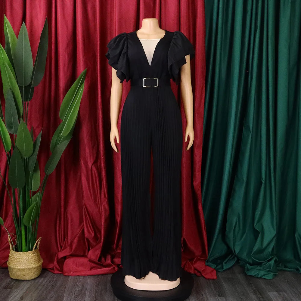 Luxury Jumpsuits & Rompers Pleated for Women V Neck Ruffles Sleeve Floor Length High Quality Elegant Birthday Party Dinner Cloth