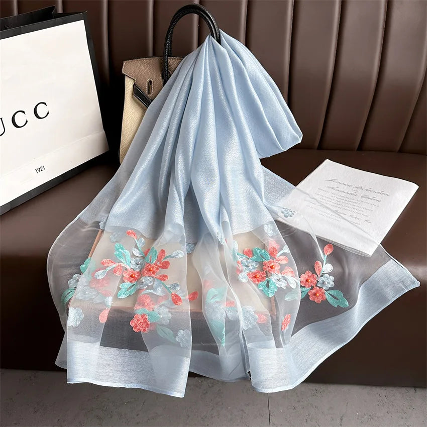 Luxury Women Hijab Shiny Lace Scarf Silk Soft Wool Shawls and Wraps Embroidery Flower Thin Scarves Foulard Female Bufanda New