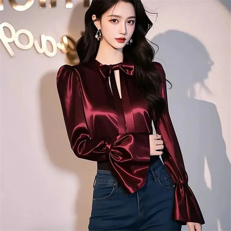 Luxury Satin Shirt Women Spring Summer New Coat Unique Beautiful Waist Jacket French Blouse Chic Outerwear Female Overcoat Tops