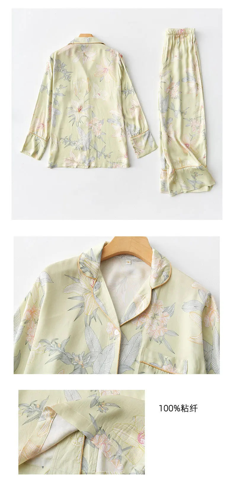 Luxury Floral Pajama Set Women Silk-like Viscose Loungewear Elegant Lily Print Sleepwear 2 Piece with Piping Long Sleeve Suit
