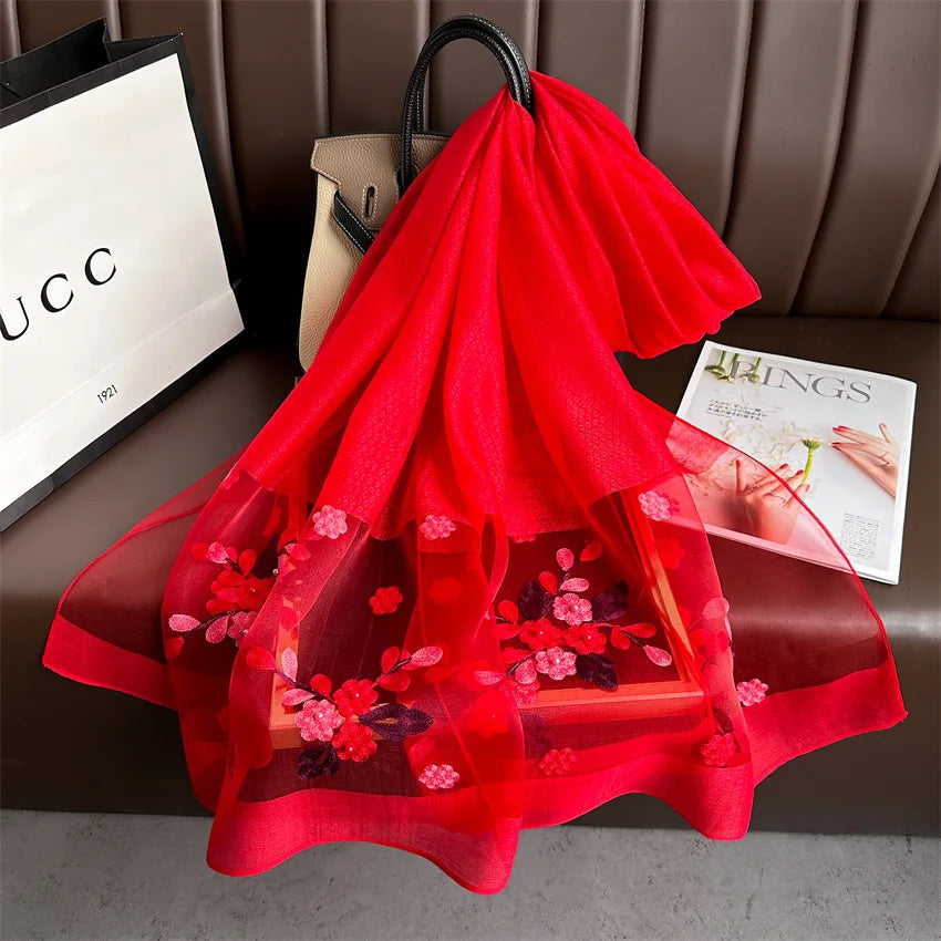 Luxury Women Hijab Shiny Lace Scarf Silk Soft Wool Shawls and Wraps Embroidery Flower Thin Scarves Foulard Female Bufanda New
