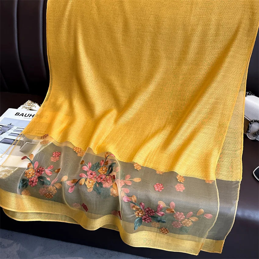 Luxury Women Hijab Shiny Lace Scarf Silk Soft Wool Shawls and Wraps Embroidery Flower Thin Scarves Foulard Female Bufanda New