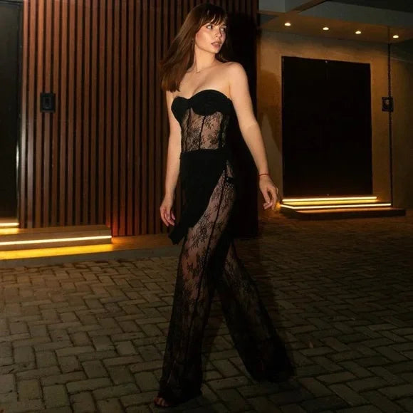 Luxury celebrity photography party nightclub evening gown lace strapless slim fit jumpsuit dress