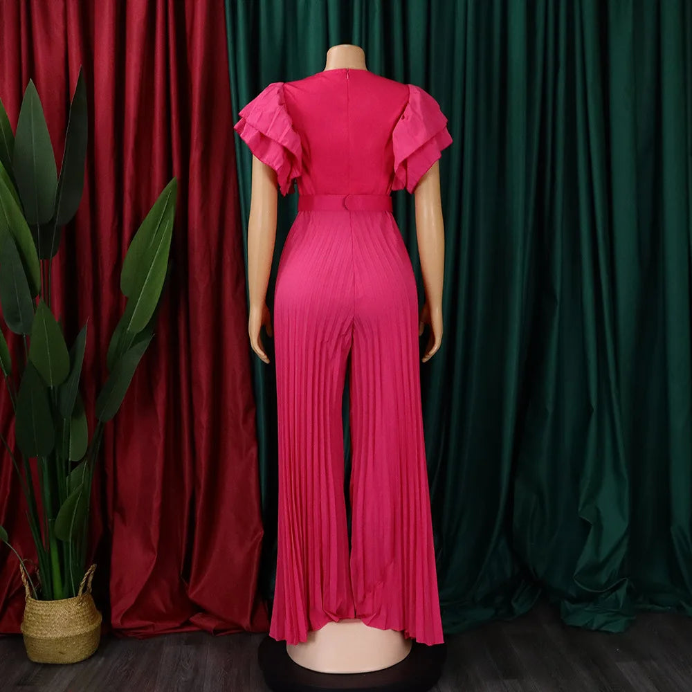 Luxury Jumpsuits & Rompers Pleated for Women V Neck Ruffles Sleeve Floor Length High Quality Elegant Birthday Party Dinner Cloth
