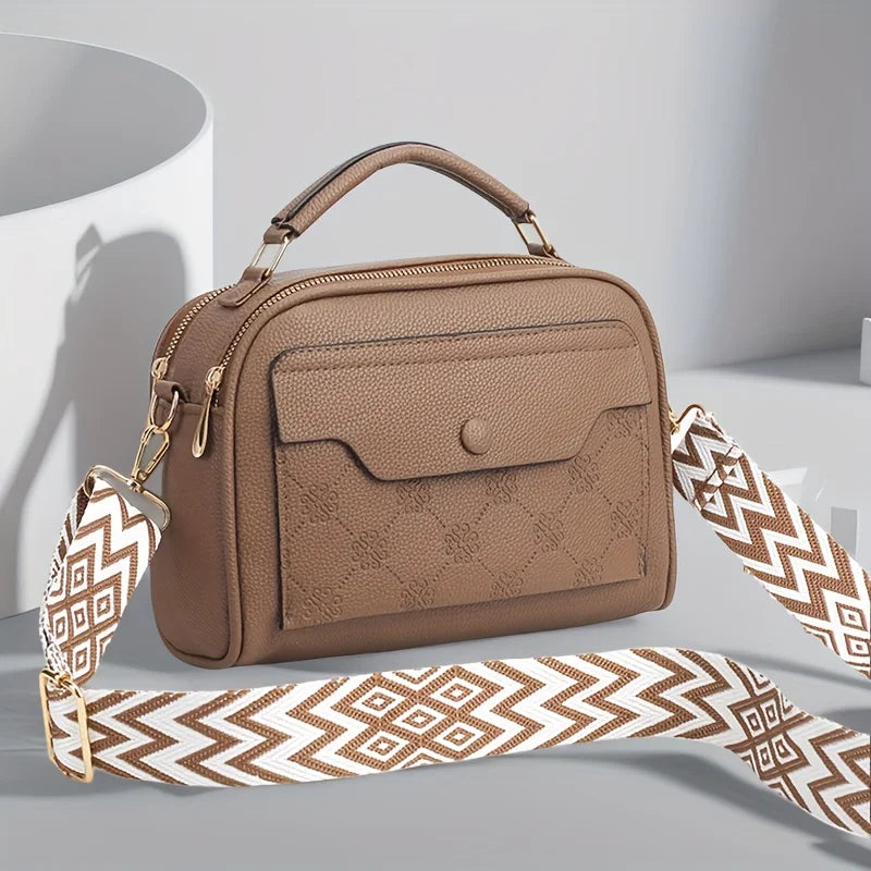 Women's Synthetic Leather Messenger Bag with Detachable Strap, Multi Layer Compartments, Chic Crossbody Purse for School, Travel