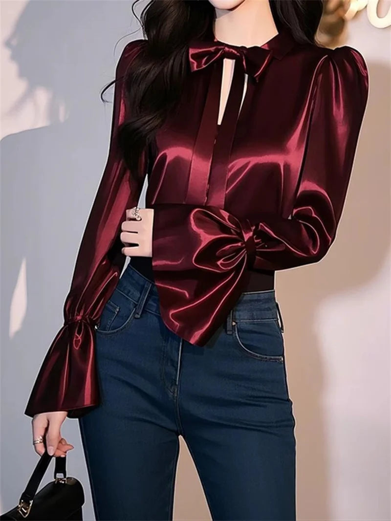 Luxury Satin Shirt Women Spring Summer New Coat Unique Beautiful Waist Jacket French Blouse Chic Outerwear Female Overcoat Tops