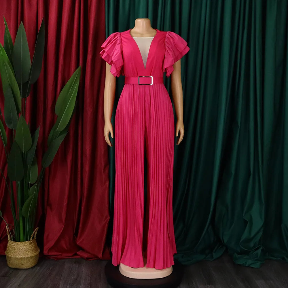 Luxury Jumpsuits & Rompers Pleated for Women V Neck Ruffles Sleeve Floor Length High Quality Elegant Birthday Party Dinner Cloth
