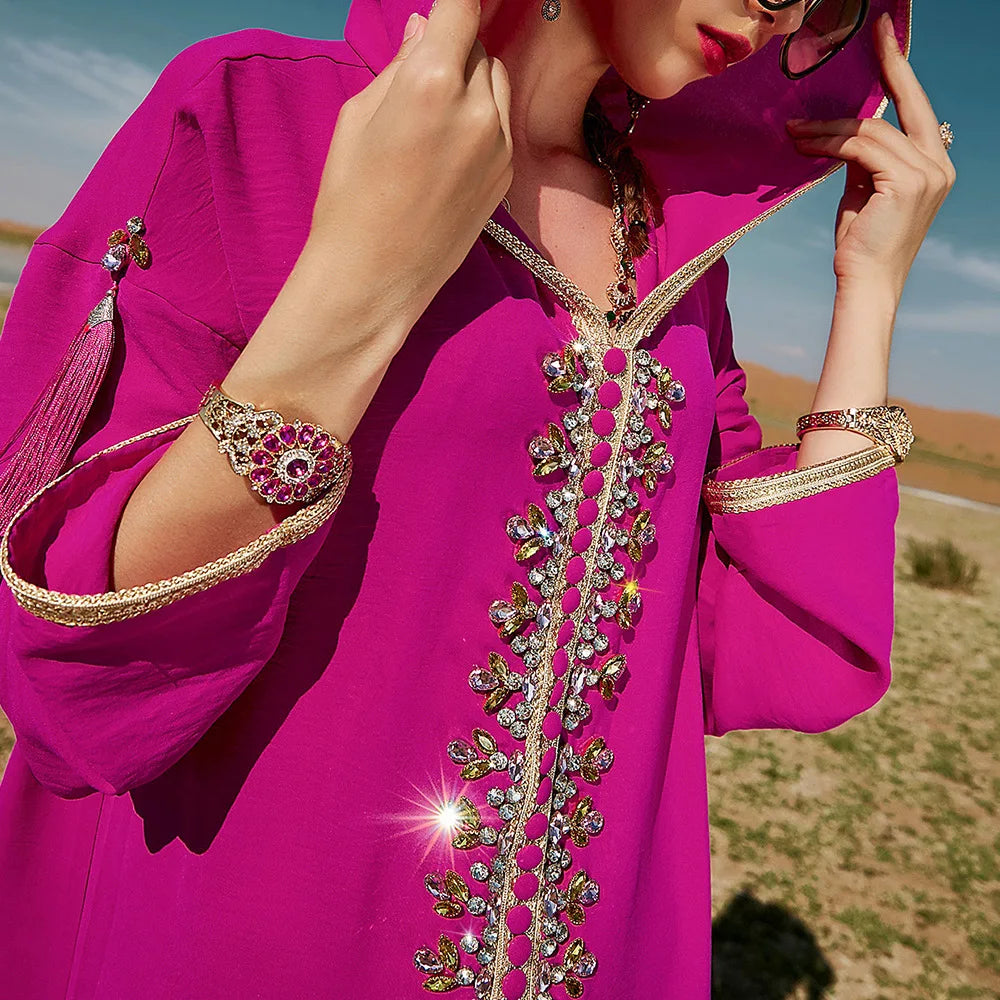Luxury Dubai Abaya Diamonds Kaftan Jalabiya Eid Djellaba Women Muslim Dress Hooded Robe Femme Musulmane Vestidos Islam Clothing