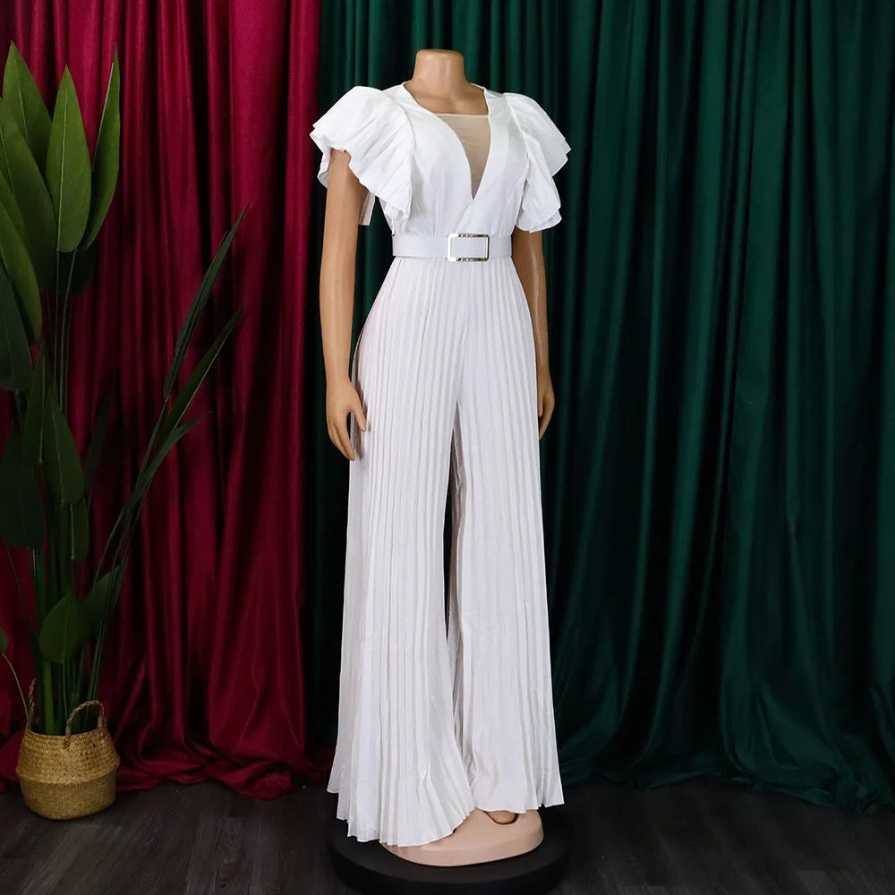 Luxury Jumpsuits & Rompers Pleated for Women V Neck Ruffles Sleeve Floor Length High Quality Elegant Birthday Party Dinner Cloth