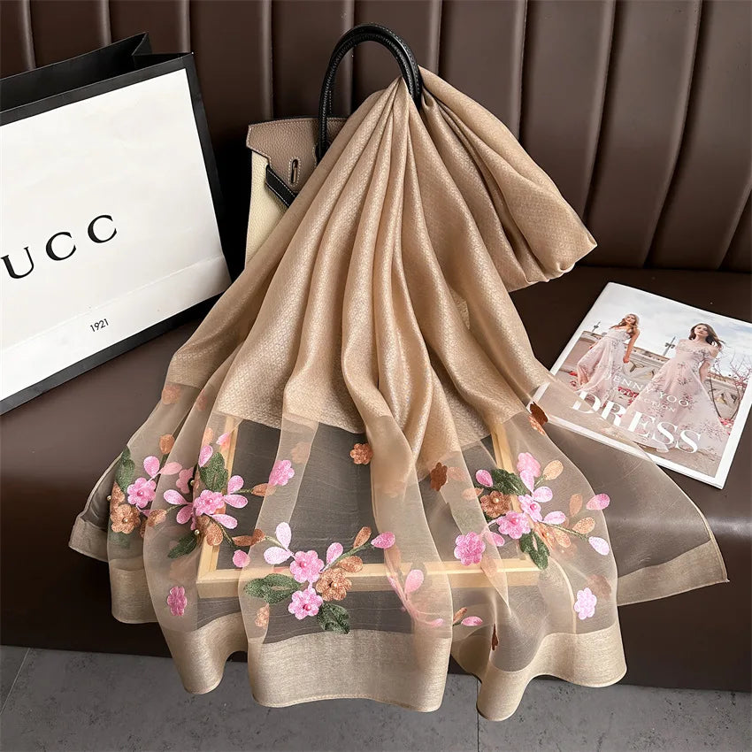 Luxury Women Hijab Shiny Lace Scarf Silk Soft Wool Shawls and Wraps Embroidery Flower Thin Scarves Foulard Female Bufanda New