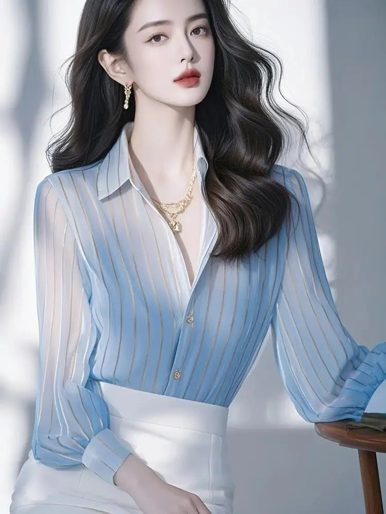 Luxury Light Blue Striped Shirt for Women's Spring New French Style Chiffon