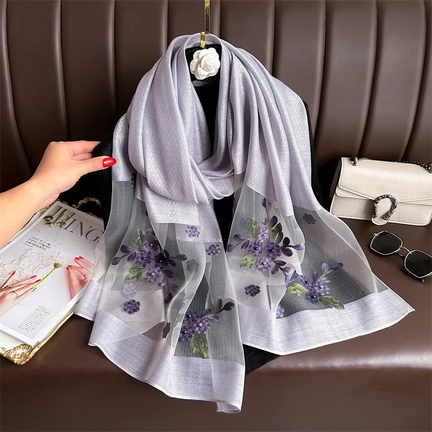 Luxury Women Hijab Shiny Lace Scarf Silk Soft Wool Shawls and Wraps Embroidery Flower Thin Scarves Foulard Female Bufanda New
