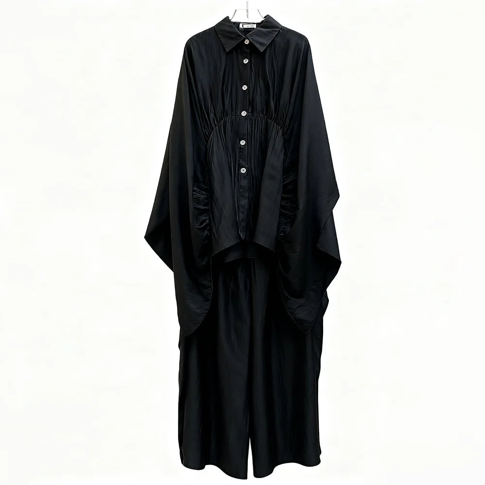 VGH Luxurious Two Piece Set for Women Lapel Flare Sleeve Tunic Top High Waist Wide Lae Pant Temperament Party Suit Female Style