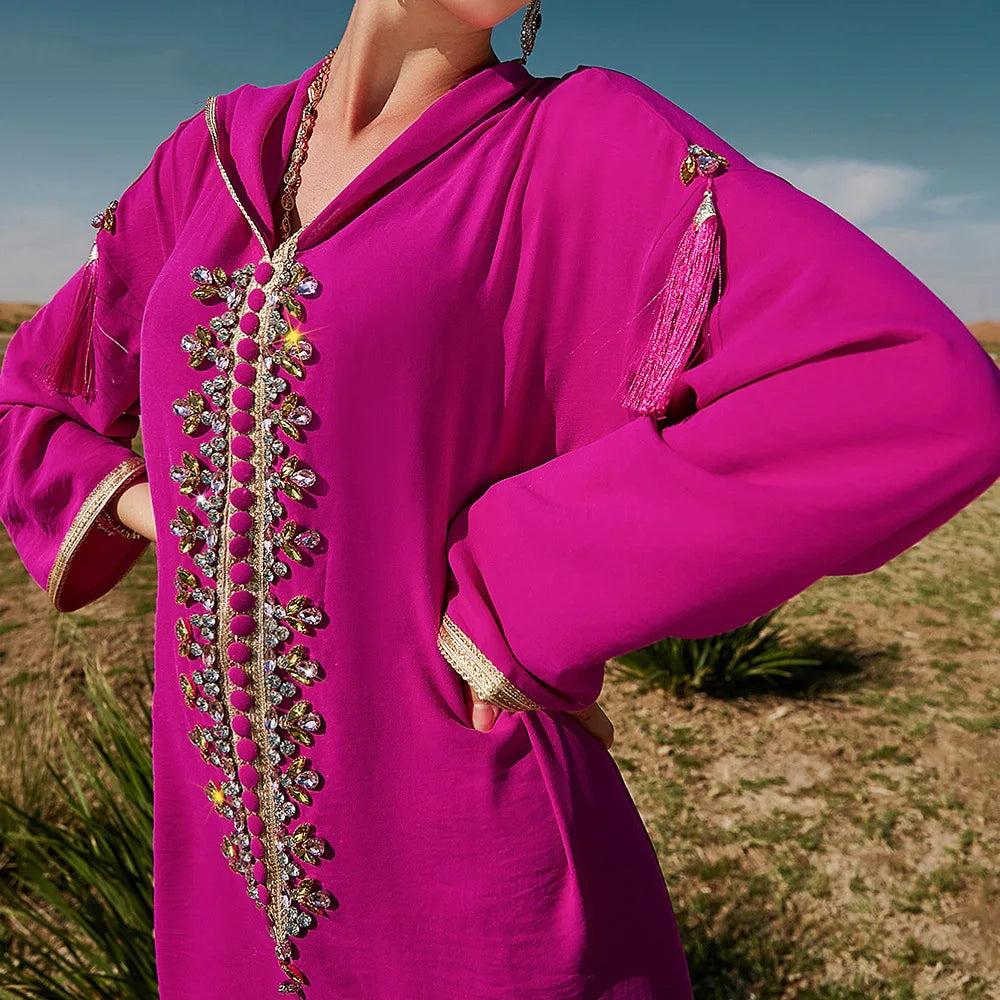 Luxury Dubai Abaya Diamonds Kaftan Jalabiya Eid Djellaba Women Muslim Dress Hooded Robe Femme Musulmane Vestidos Islam Clothing