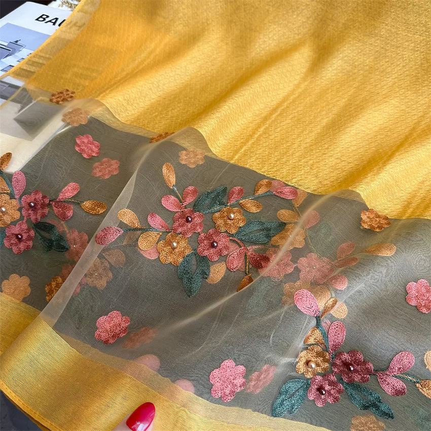 Luxury Women Hijab Shiny Lace Scarf Silk Soft Wool Shawls and Wraps Embroidery Flower Thin Scarves Foulard Female Bufanda New