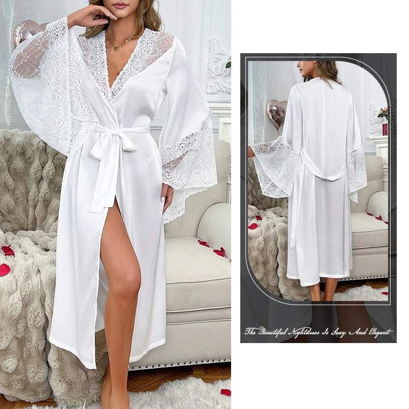 Women Robe White Satin Dressing Gown Lace Splicing Pijama Long Sleeved Luxury Bathrobe Home Wear Nightgowns Elegent Shower Robe