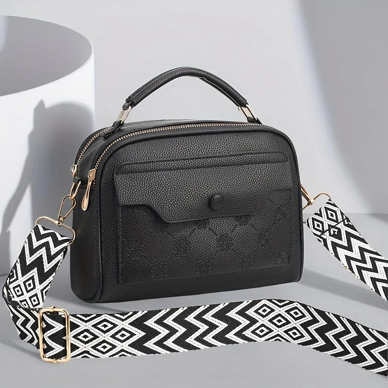 Women's Synthetic Leather Messenger Bag with Detachable Strap, Multi Layer Compartments, Chic Crossbody Purse for School, Travel