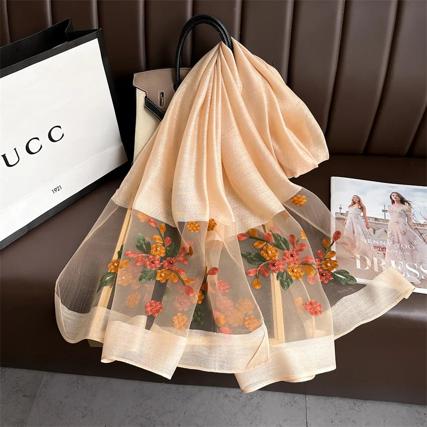 Luxury Women Hijab Shiny Lace Scarf Silk Soft Wool Shawls and Wraps Embroidery Flower Thin Scarves Foulard Female Bufanda New