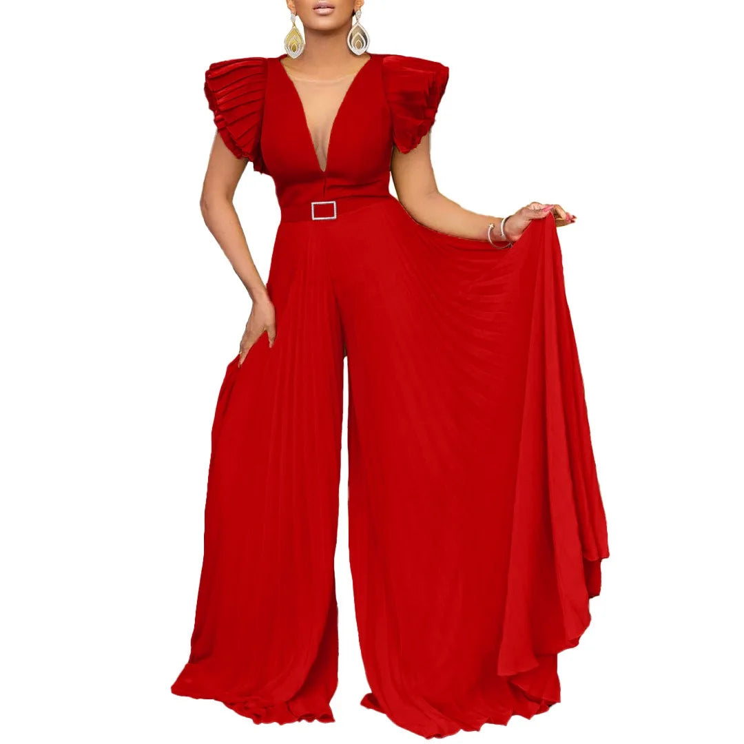 Luxury Jumpsuits & Rompers Pleated for Women V Neck Ruffles Sleeve Floor Length High Quality Elegant Birthday Party Dinner Cloth