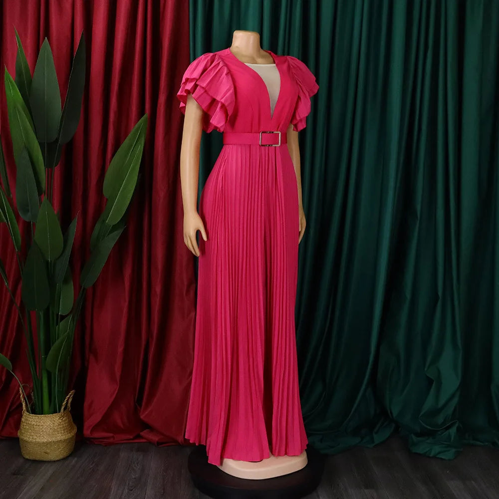 Luxury Jumpsuits & Rompers Pleated for Women V Neck Ruffles Sleeve Floor Length High Quality Elegant Birthday Party Dinner Cloth