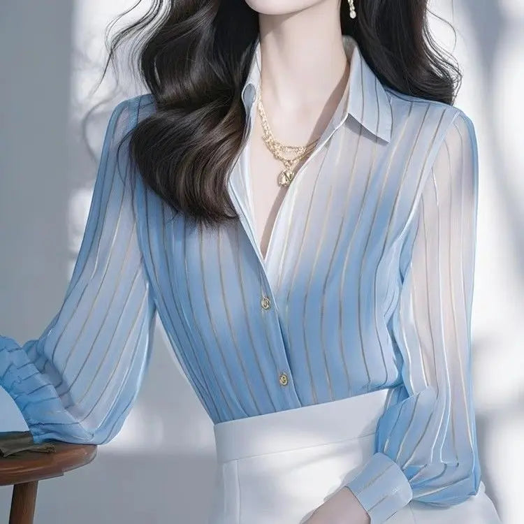 Luxury Light Blue Striped Shirt for Women's Spring New French Style Chiffon