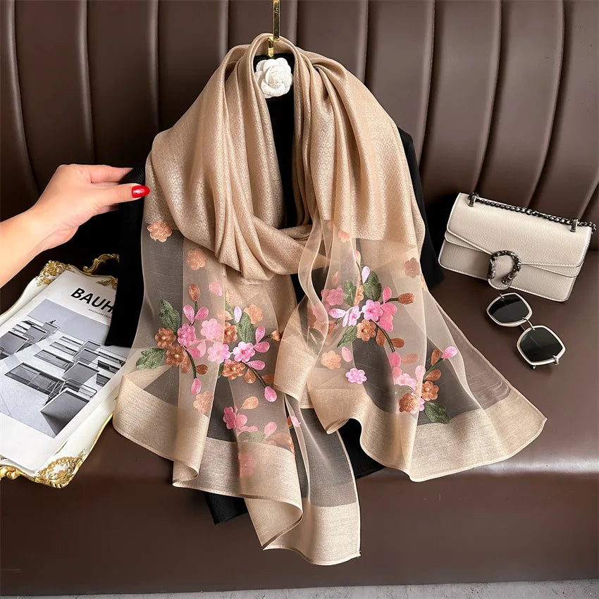 Luxury Women Hijab Shiny Lace Scarf Silk Soft Wool Shawls and Wraps Embroidery Flower Thin Scarves Foulard Female Bufanda New