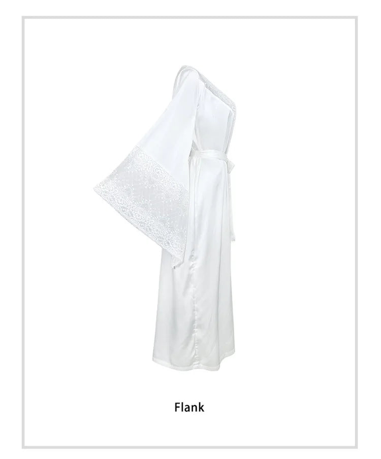 Women Robe White Satin Dressing Gown Lace Splicing Pijama Long Sleeved Luxury Bathrobe Home Wear Nightgowns Elegent Shower Robe