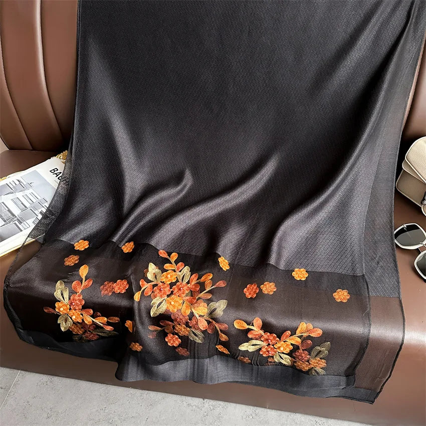 Luxury Women Hijab Shiny Lace Scarf Silk Soft Wool Shawls and Wraps Embroidery Flower Thin Scarves Foulard Female Bufanda New