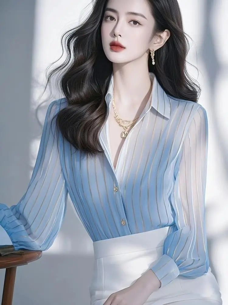 Luxury Light Blue Striped Shirt for Women's Spring New French Style Chiffon