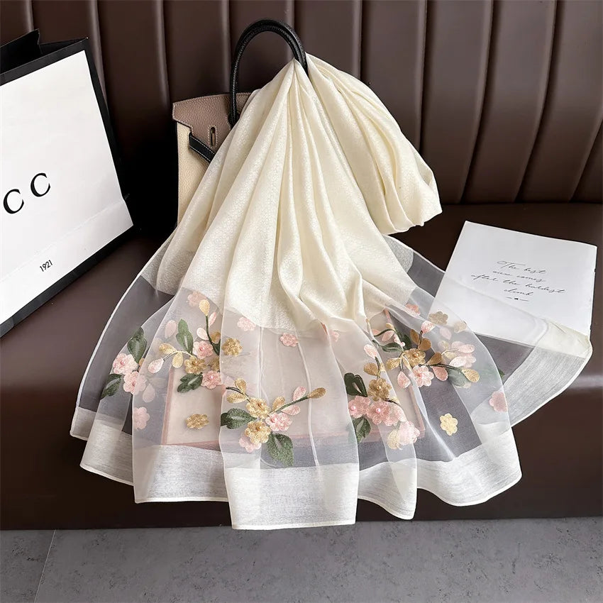 Luxury Women Hijab Shiny Lace Scarf Silk Soft Wool Shawls and Wraps Embroidery Flower Thin Scarves Foulard Female Bufanda New