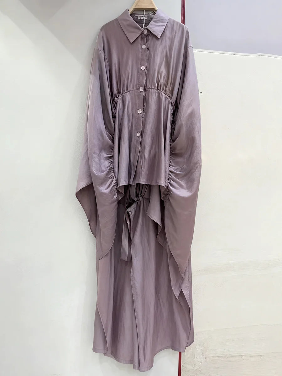 VGH Luxurious Two Piece Set for Women Lapel Flare Sleeve Tunic Top High Waist Wide Lae Pant Temperament Party Suit Female Style