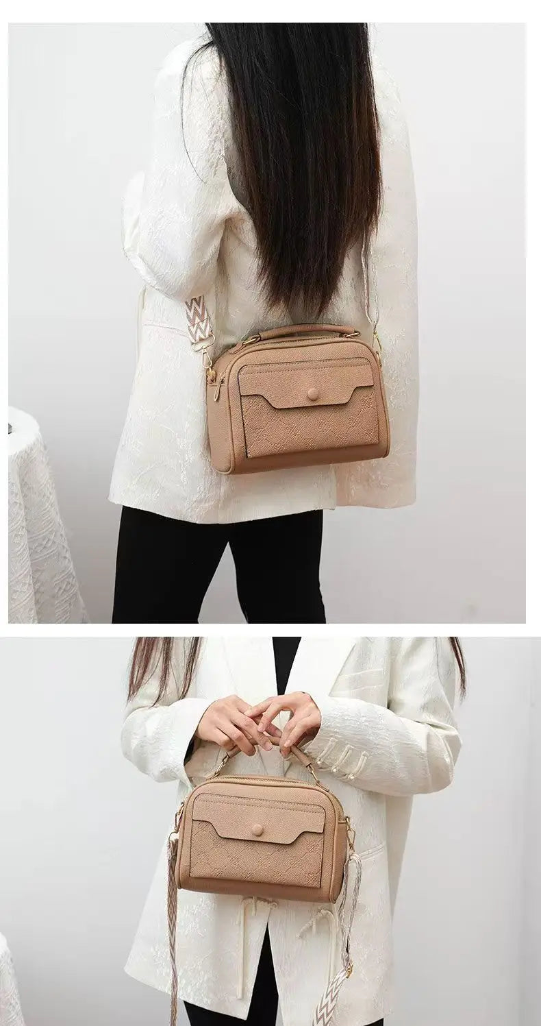 Women's Synthetic Leather Messenger Bag with Detachable Strap, Multi Layer Compartments, Chic Crossbody Purse for School, Travel