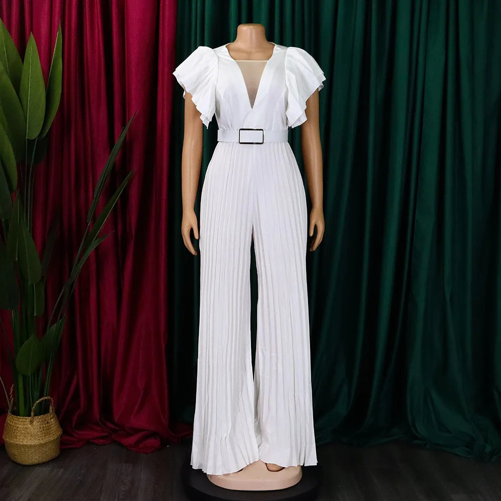 Luxury Jumpsuits & Rompers Pleated for Women V Neck Ruffles Sleeve Floor Length High Quality Elegant Birthday Party Dinner Cloth