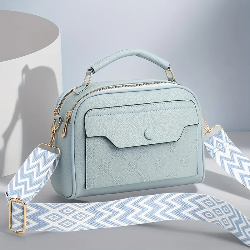Women's Synthetic Leather Messenger Bag with Detachable Strap, Multi Layer Compartments, Chic Crossbody Purse for School, Travel