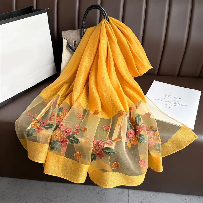 Luxury Women Hijab Shiny Lace Scarf Silk Soft Wool Shawls and Wraps Embroidery Flower Thin Scarves Foulard Female Bufanda New