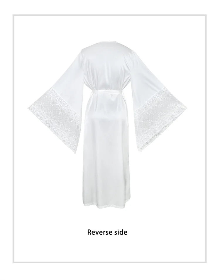 Women Robe White Satin Dressing Gown Lace Splicing Pijama Long Sleeved Luxury Bathrobe Home Wear Nightgowns Elegent Shower Robe
