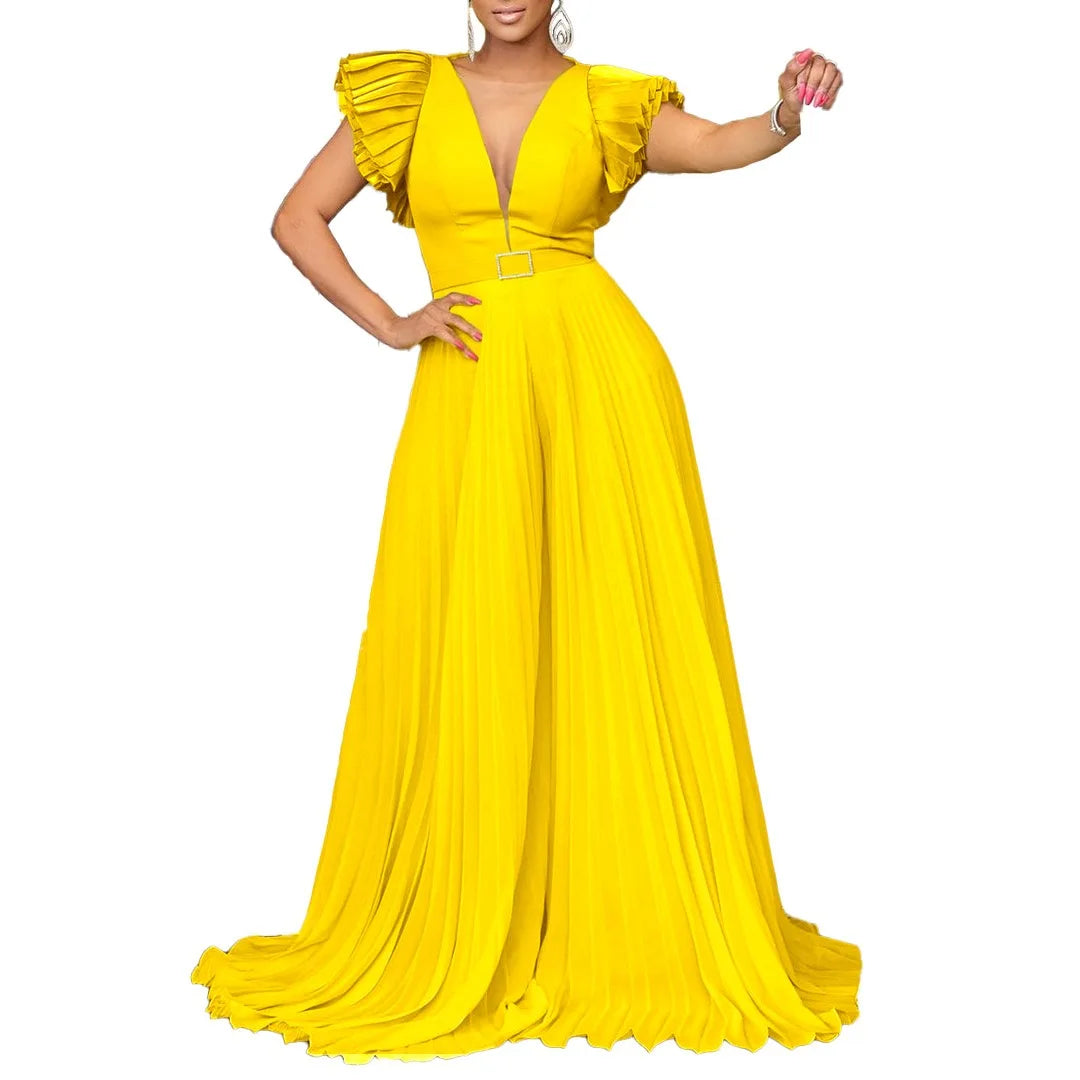 Luxury Jumpsuits & Rompers Pleated for Women V Neck Ruffles Sleeve Floor Length High Quality Elegant Birthday Party Dinner Cloth