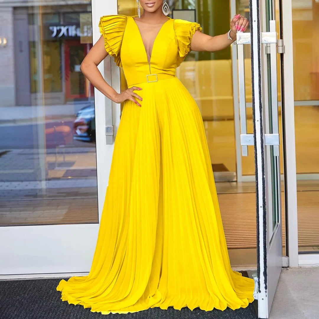 Luxury Jumpsuits & Rompers Pleated for Women V Neck Ruffles Sleeve Floor Length High Quality Elegant Birthday Party Dinner Cloth