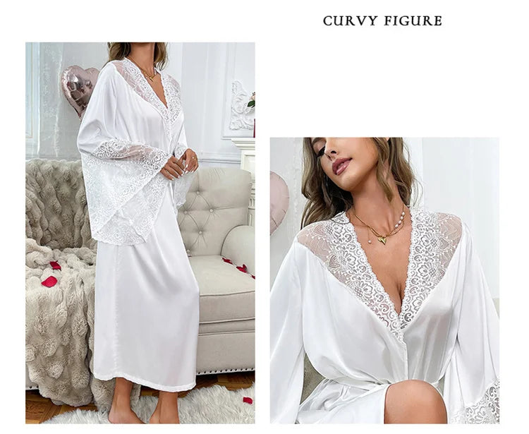 Women Robe White Satin Dressing Gown Lace Splicing Pijama Long Sleeved Luxury Bathrobe Home Wear Nightgowns Elegent Shower Robe