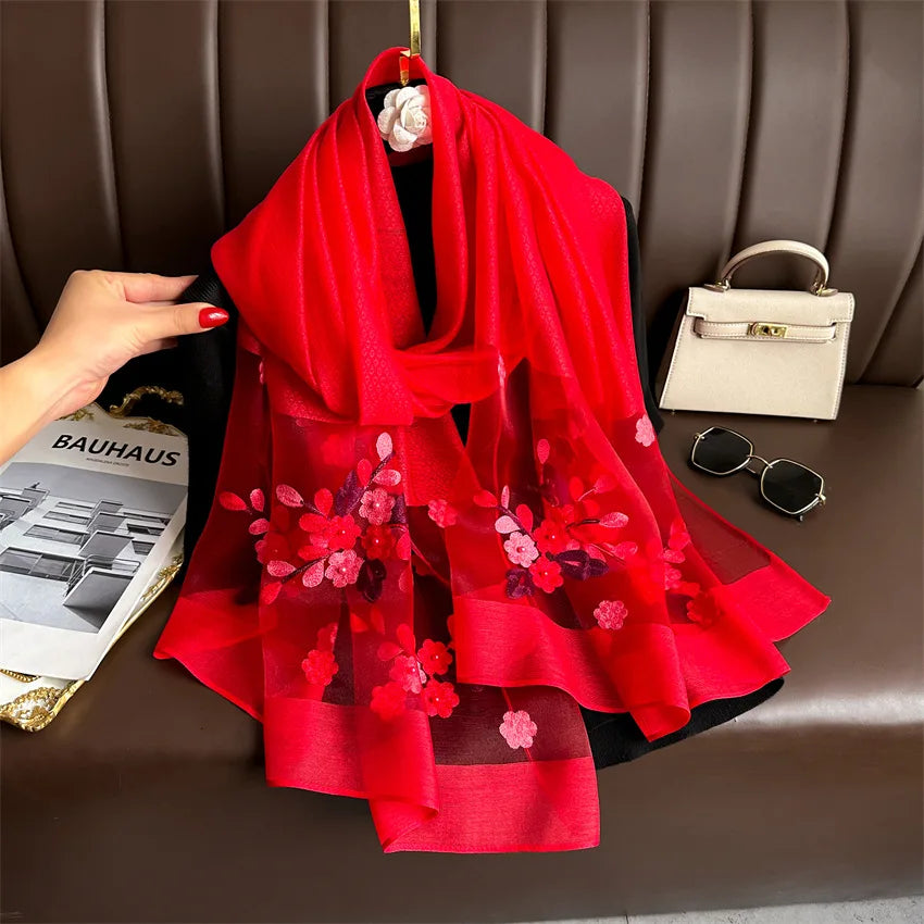 Luxury Women Hijab Shiny Lace Scarf Silk Soft Wool Shawls and Wraps Embroidery Flower Thin Scarves Foulard Female Bufanda New
