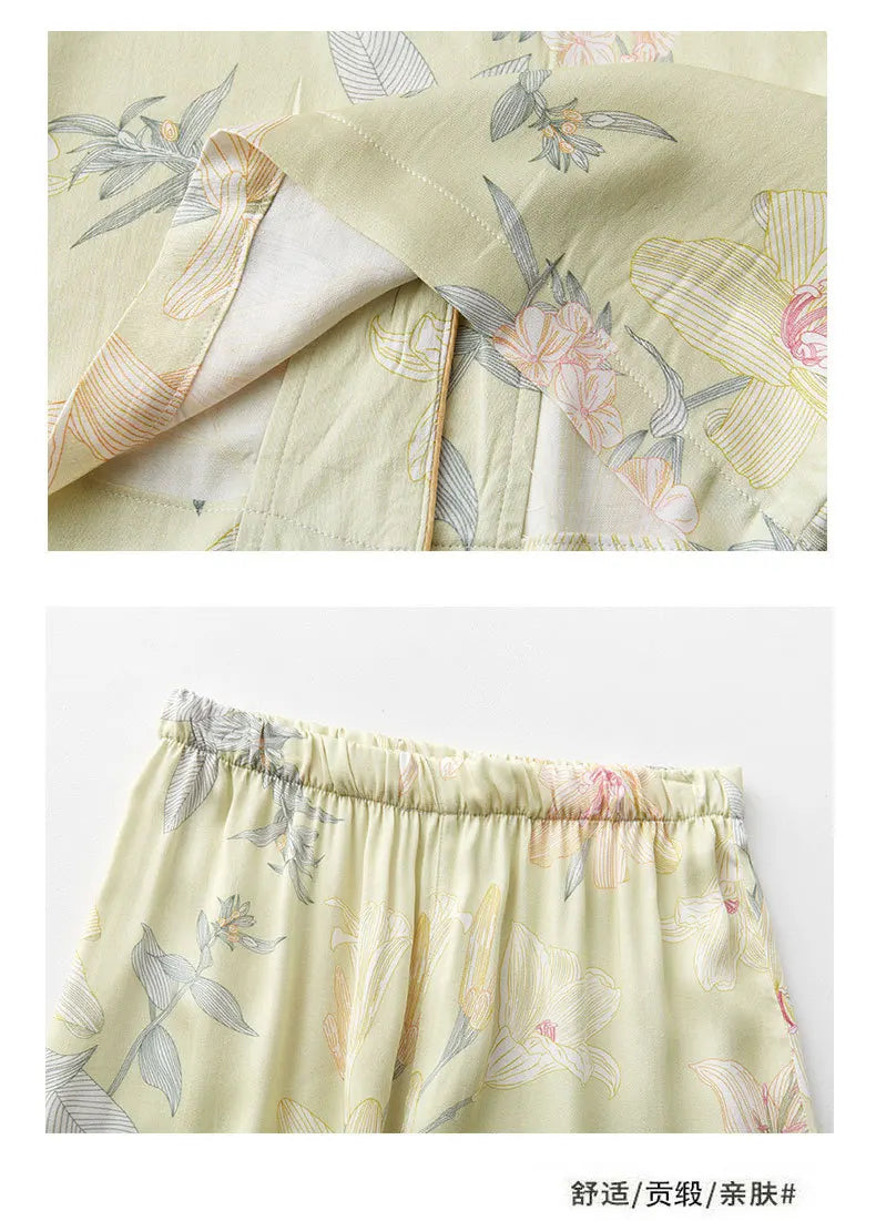 Luxury Floral Pajama Set Women Silk-like Viscose Loungewear Elegant Lily Print Sleepwear 2 Piece with Piping Long Sleeve Suit