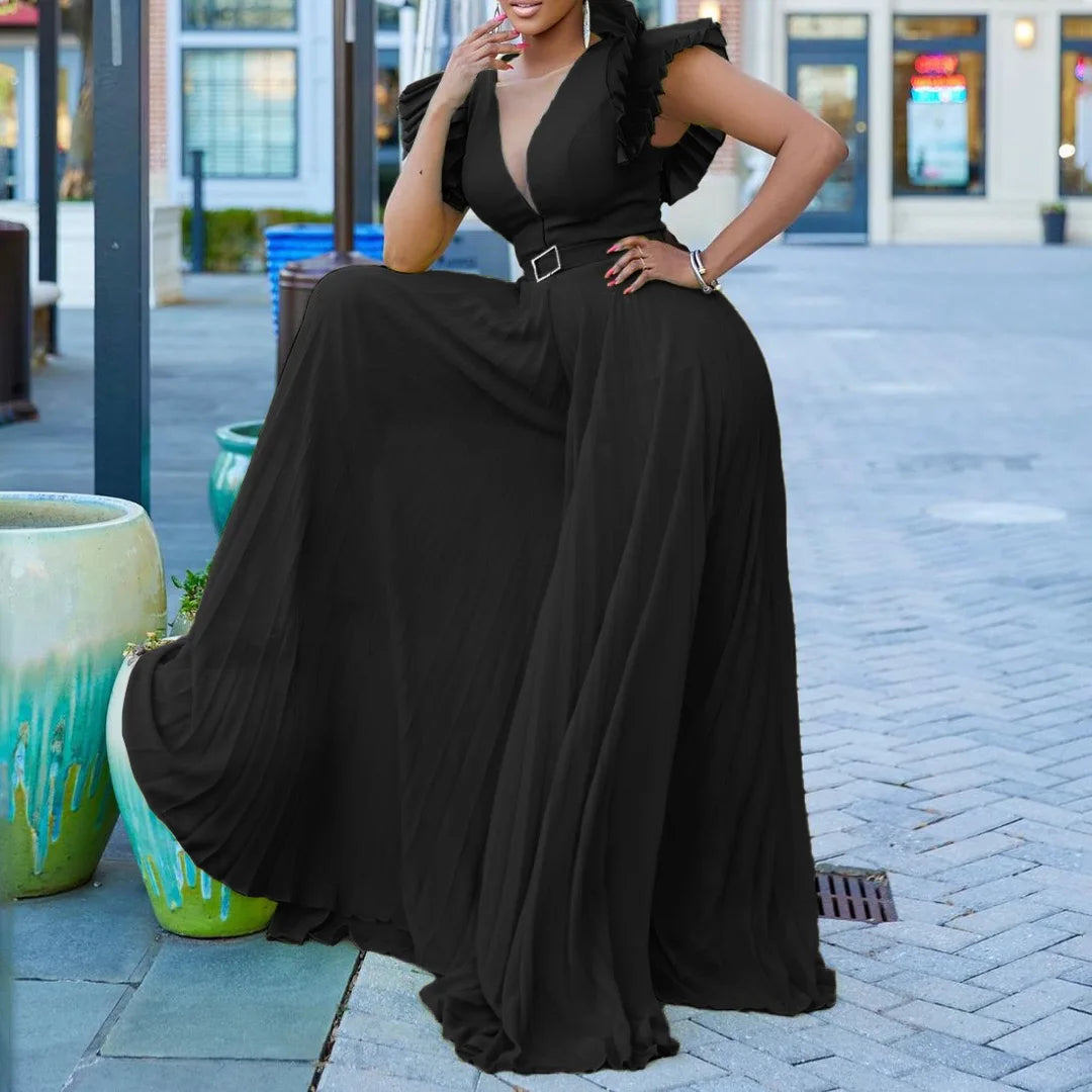 Luxury Jumpsuits & Rompers Pleated for Women V Neck Ruffles Sleeve Floor Length High Quality Elegant Birthday Party Dinner Cloth