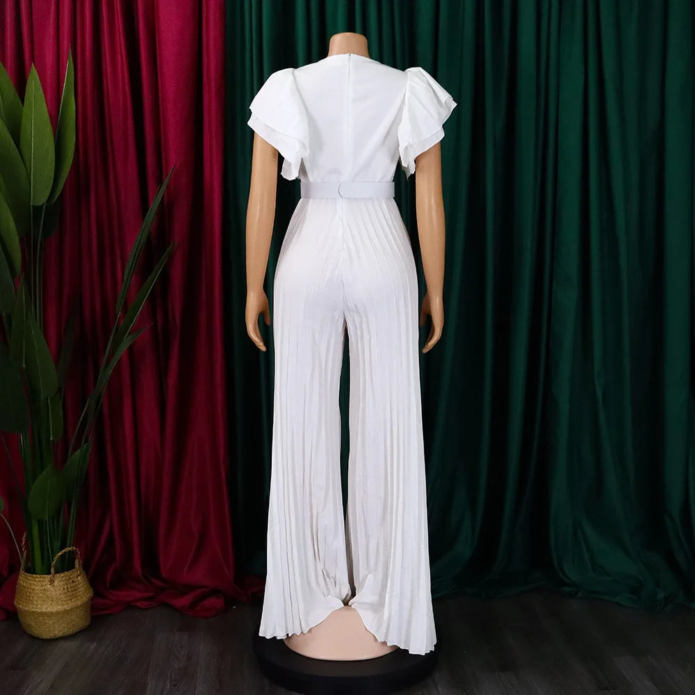 Luxury Jumpsuits & Rompers Pleated for Women V Neck Ruffles Sleeve Floor Length High Quality Elegant Birthday Party Dinner Cloth
