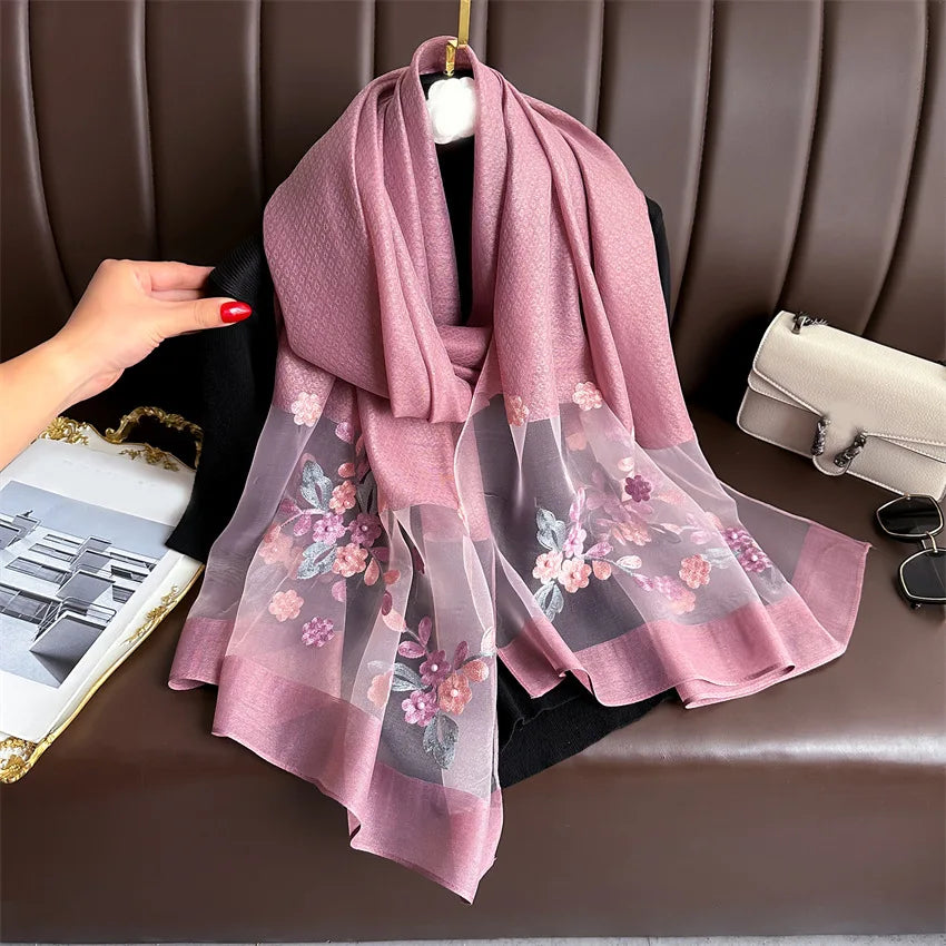 Luxury Women Hijab Shiny Lace Scarf Silk Soft Wool Shawls and Wraps Embroidery Flower Thin Scarves Foulard Female Bufanda New