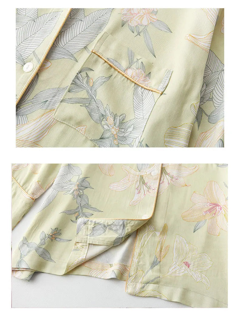 Luxury Floral Pajama Set Women Silk-like Viscose Loungewear Elegant Lily Print Sleepwear 2 Piece with Piping Long Sleeve Suit