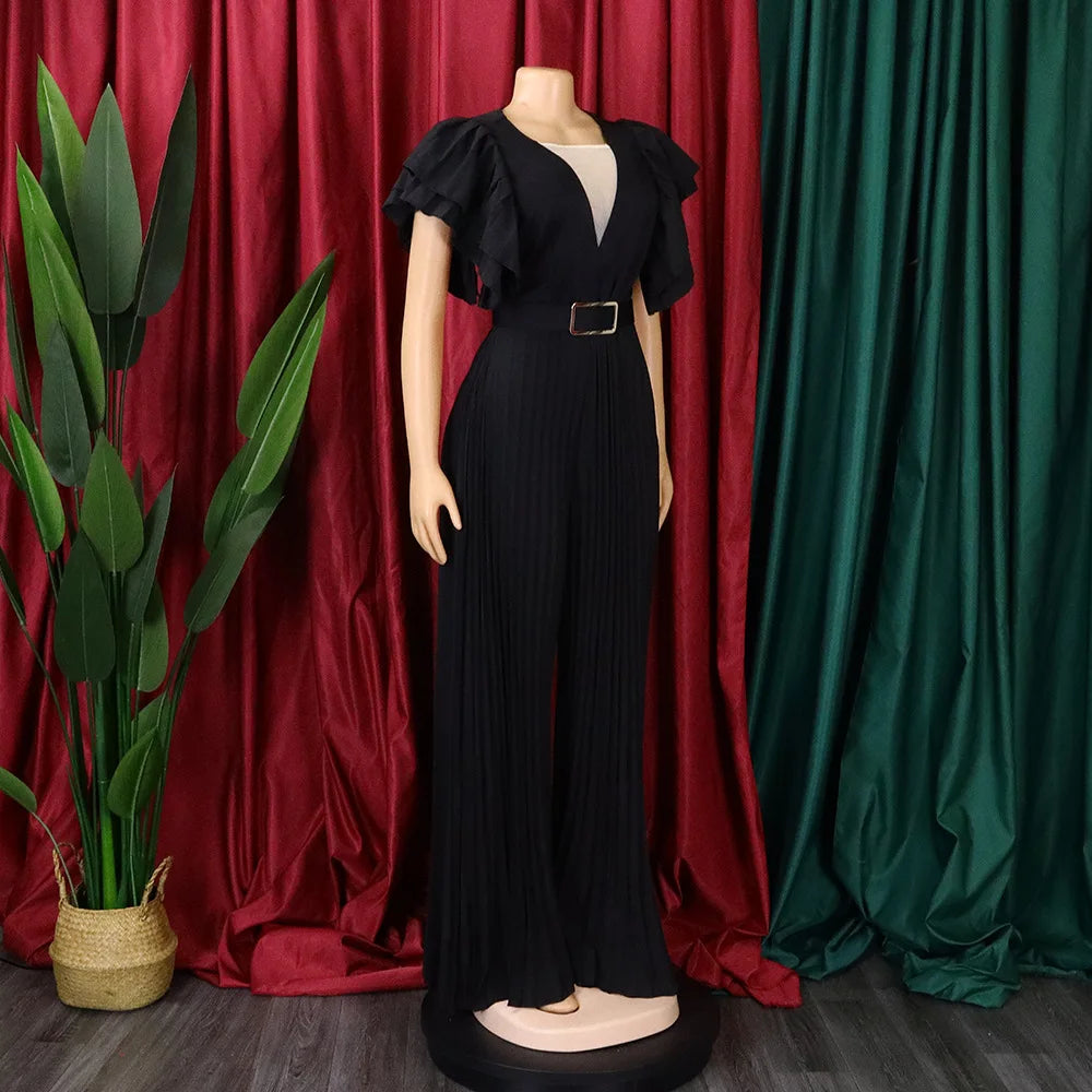 Luxury Jumpsuits & Rompers Pleated for Women V Neck Ruffles Sleeve Floor Length High Quality Elegant Birthday Party Dinner Cloth