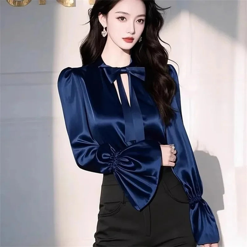 Luxury Satin Shirt Women Spring Summer New Coat Unique Beautiful Waist Jacket French Blouse Chic Outerwear Female Overcoat Tops