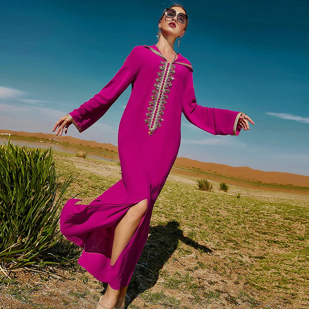 Luxury Dubai Abaya Diamonds Kaftan Jalabiya Eid Djellaba Women Muslim Dress Hooded Robe Femme Musulmane Vestidos Islam Clothing