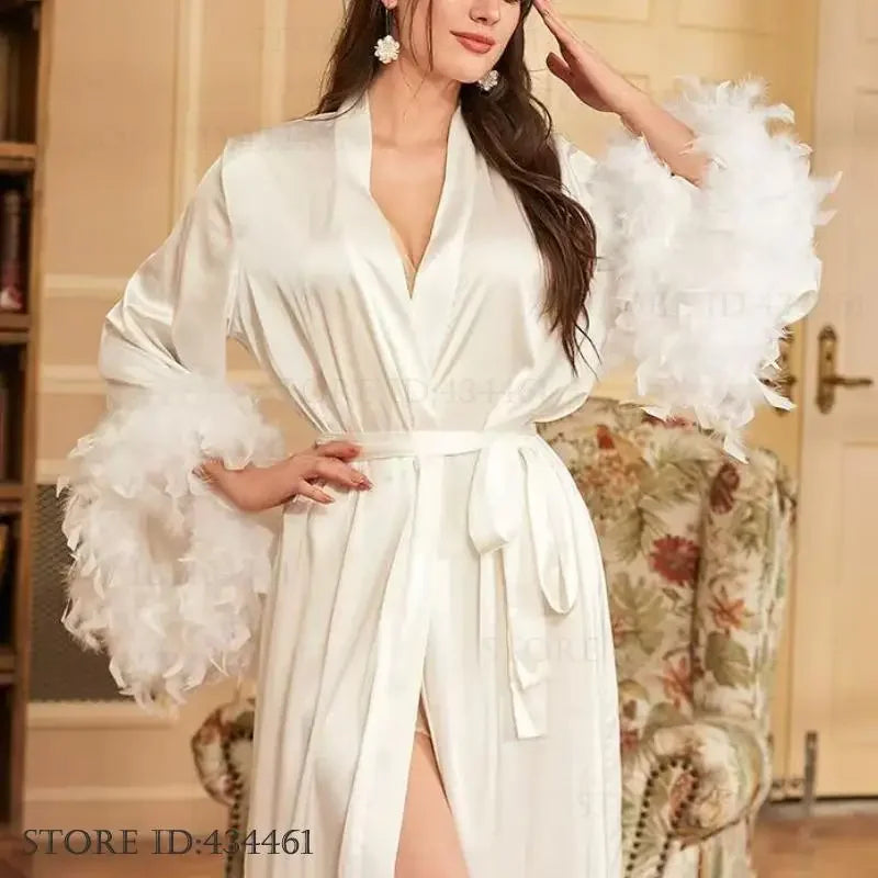Luxury Feather Wedding Long Robe Dress Bride Home Dressing Gown Loose Casual Silk Satin Kimono Bathrobe Gown Negligee Sleepwear